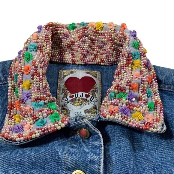 Vintage JouJou 80s 90s Rainbow Candy Look Sequin Beaded Collar Denim Vest ML - Picture 10 of 11